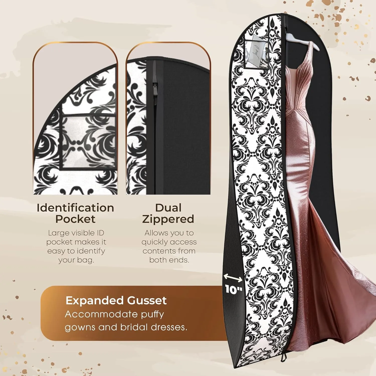 Your Bags Women’s Dress and Gown Garment Bag -72”x24” and 10” Tapered Gusset Prom Bags (Black and White Demask)