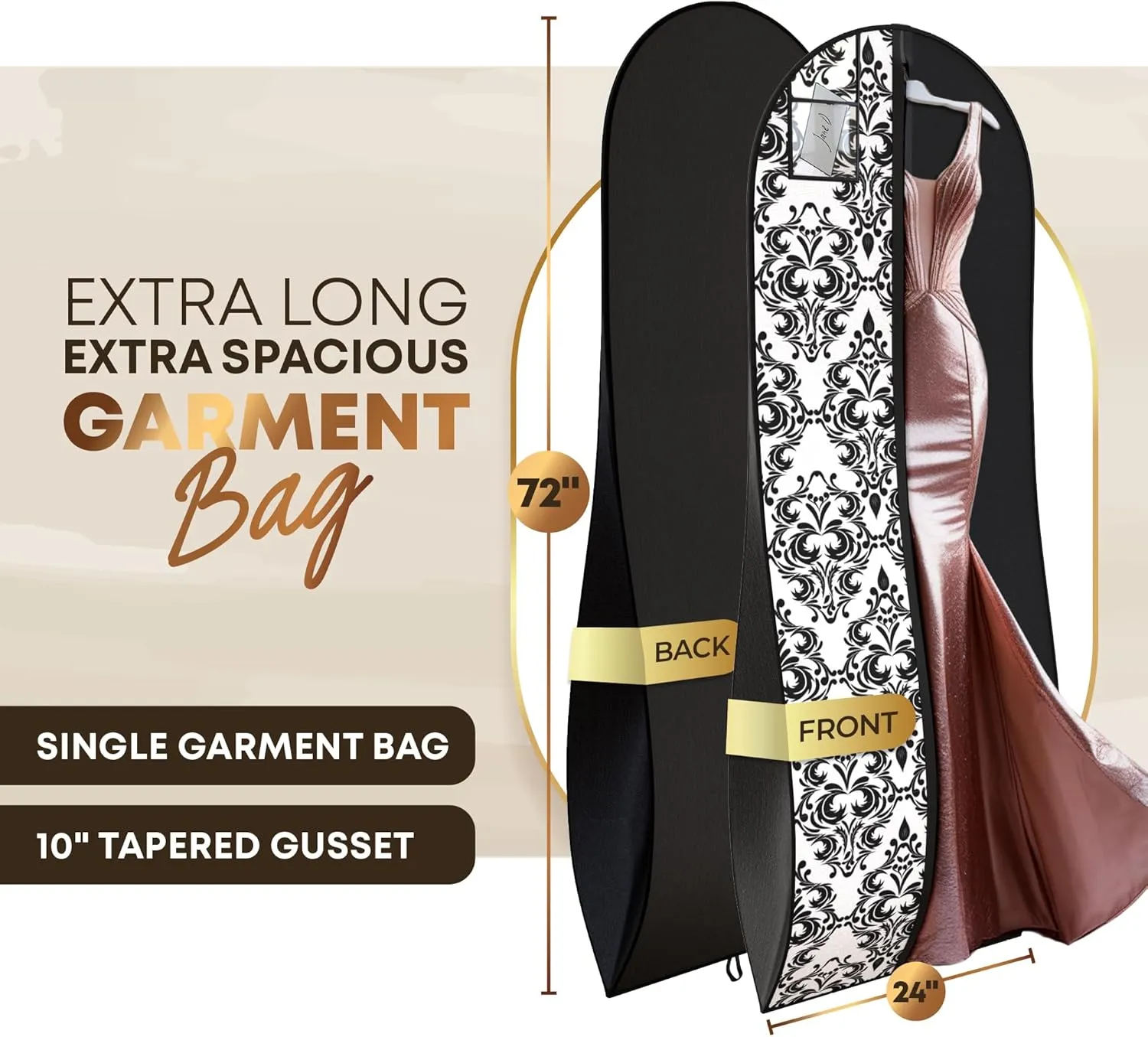 Your Bags Women’s Dress and Gown Garment Bag -72”x24” and 10” Tapered Gusset Prom Bags (Black and White Demask)