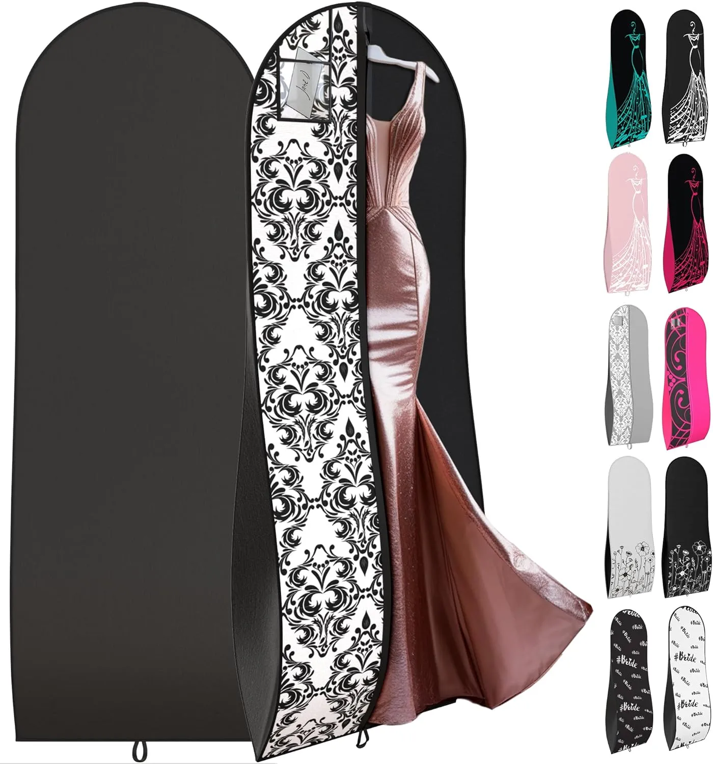 Your Bags Women’s Dress and Gown Garment Bag -72”x24” and 10” Tapered Gusset Prom Bags (Black and White Demask)