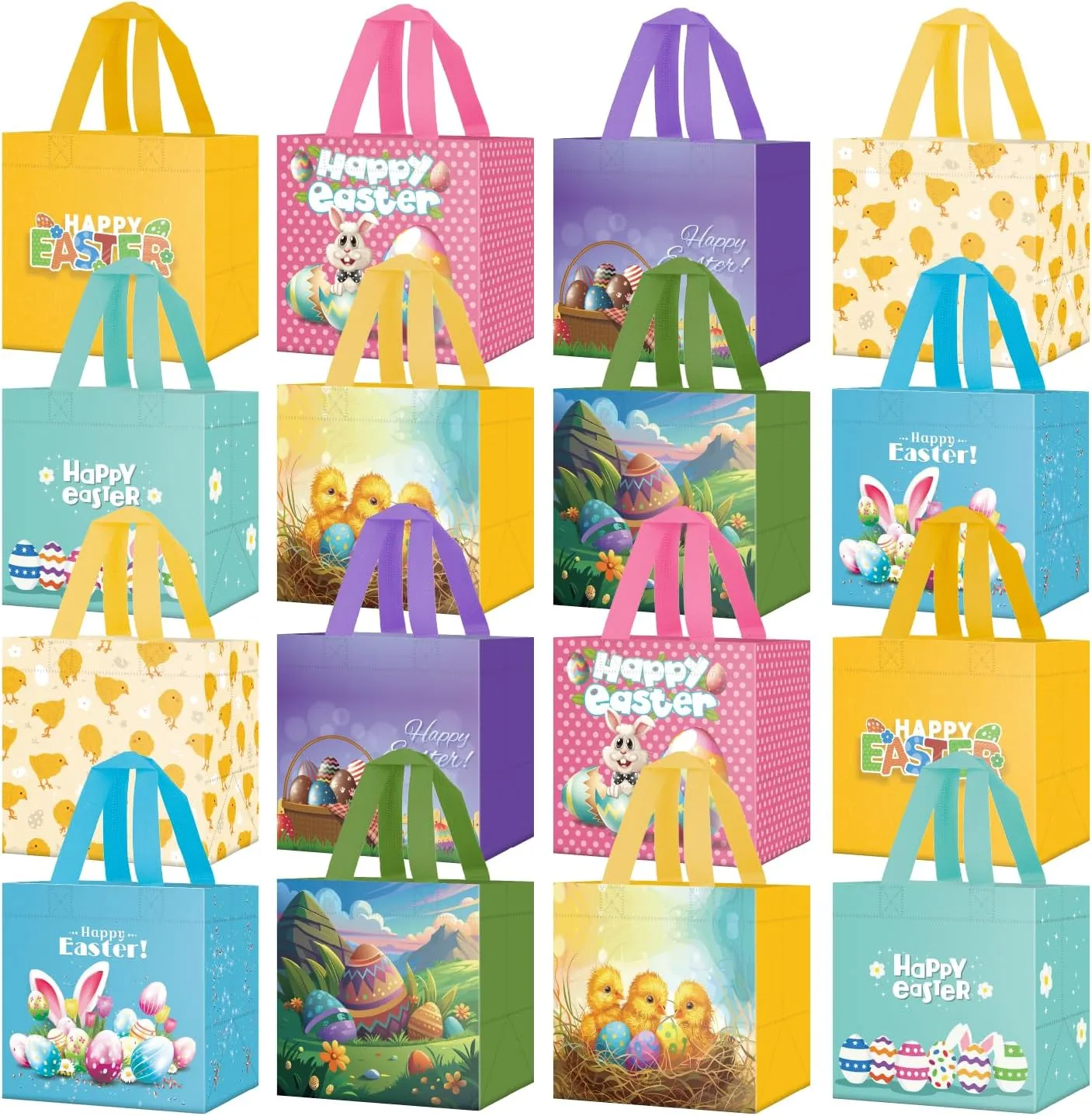 ysmile Easter Egg Hunt Bag, Non-Woven Easter Gift Bag with Handle, Carrot Bunny Chick Basket, Treat Bag 16 Pack