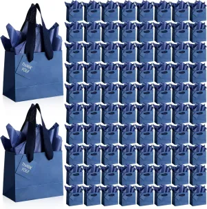 Zhanmai 100 Pcs 4.7 x 2.4 x 3.9 Inch Mini Gift Bags Bulk with Tissue Paper Kraft Paper Bag with Handle Gift Tag for Birthday, Valentine‘s Day, Wedding Showers (Navy Blue)