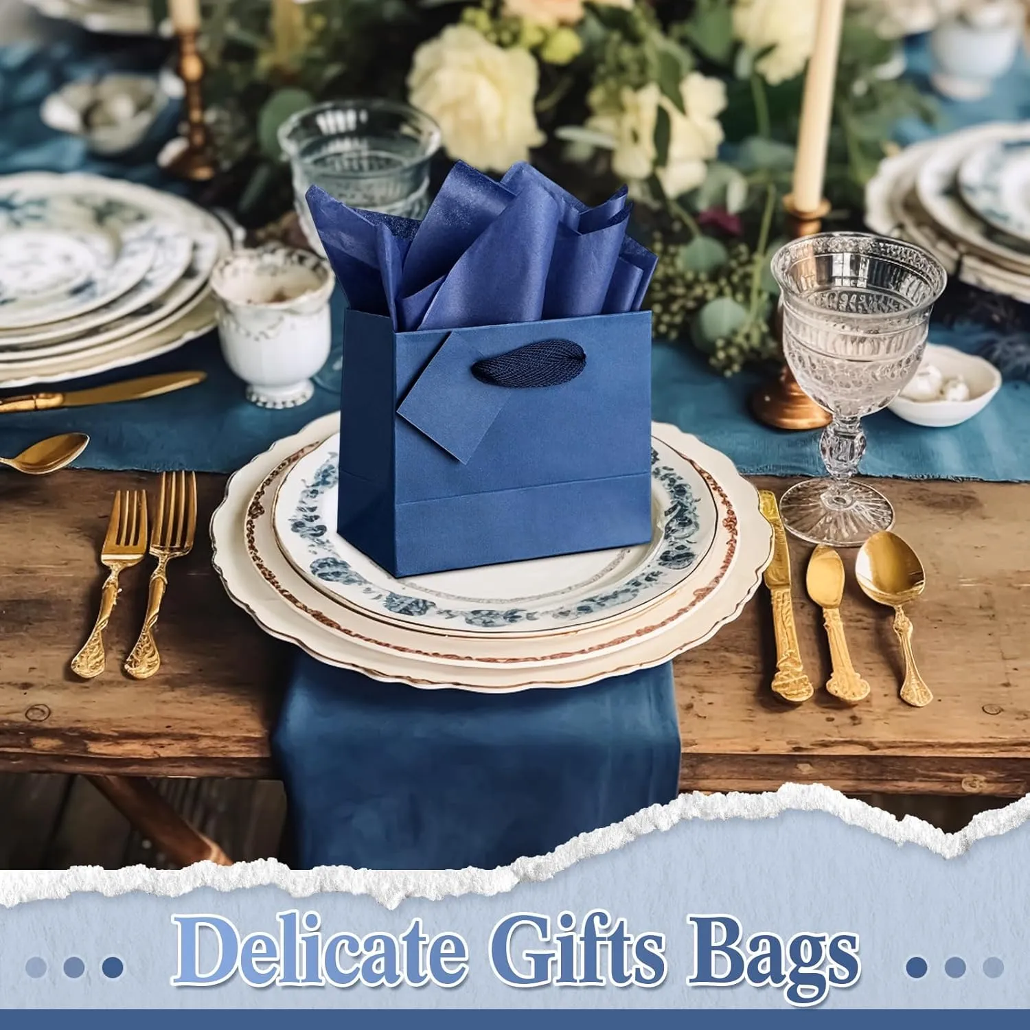 Zhanmai 100 Pcs 4.7 x 2.4 x 3.9 Inch Mini Gift Bags Bulk with Tissue Paper Kraft Paper Bag with Handle Gift Tag for Birthday, Valentine‘s Day, Wedding Showers (Navy Blue)