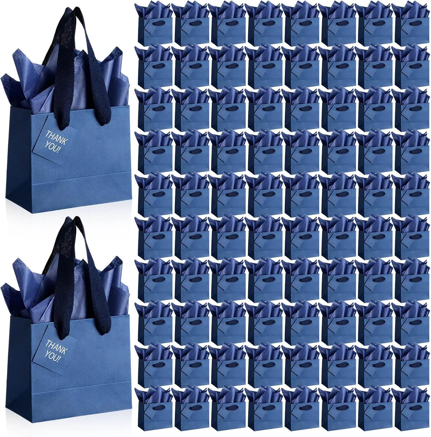 Zhanmai 100 Pcs 4.7 x 2.4 x 3.9 Inch Mini Gift Bags Bulk with Tissue Paper Kraft Paper Bag with Handle Gift Tag for Birthday, Valentine‘s Day, Wedding Showers (Navy Blue)
