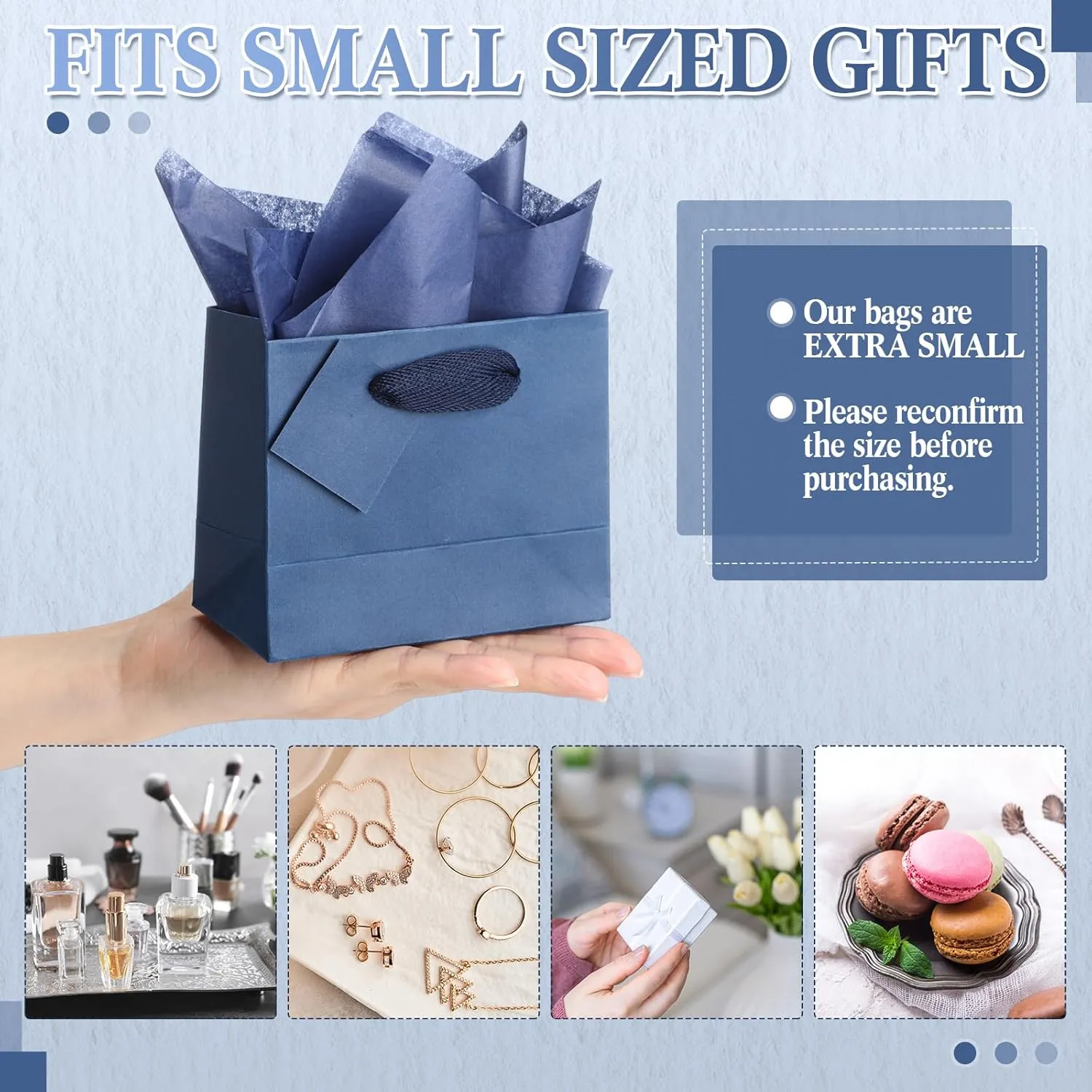 Zhanmai 100 Pcs 4.7 x 2.4 x 3.9 Inch Mini Gift Bags Bulk with Tissue Paper Kraft Paper Bag with Handle Gift Tag for Birthday, Valentine‘s Day, Wedding Showers (Navy Blue)