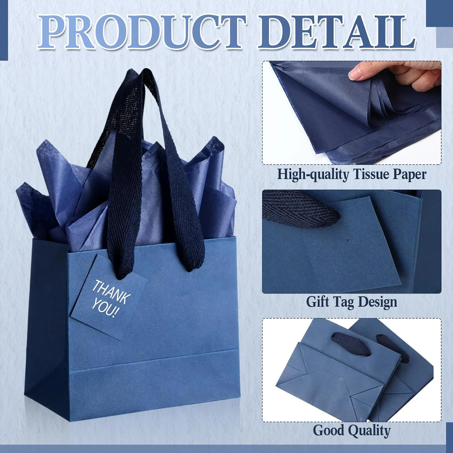 Zhanmai 100 Pcs 4.7 x 2.4 x 3.9 Inch Mini Gift Bags Bulk with Tissue Paper Kraft Paper Bag with Handle Gift Tag for Birthday, Valentine‘s Day, Wedding Showers (Navy Blue)