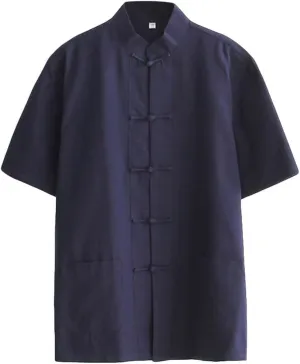 ZooBoo Men 's Tang Suit Summer Short - Sleeved Shirt Cotton Shirts (L, Navy Blue)