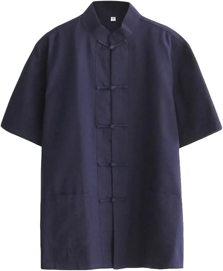 ZooBoo Men 's Tang Suit Summer Short - Sleeved Shirt Cotton Shirts (L, Navy Blue)