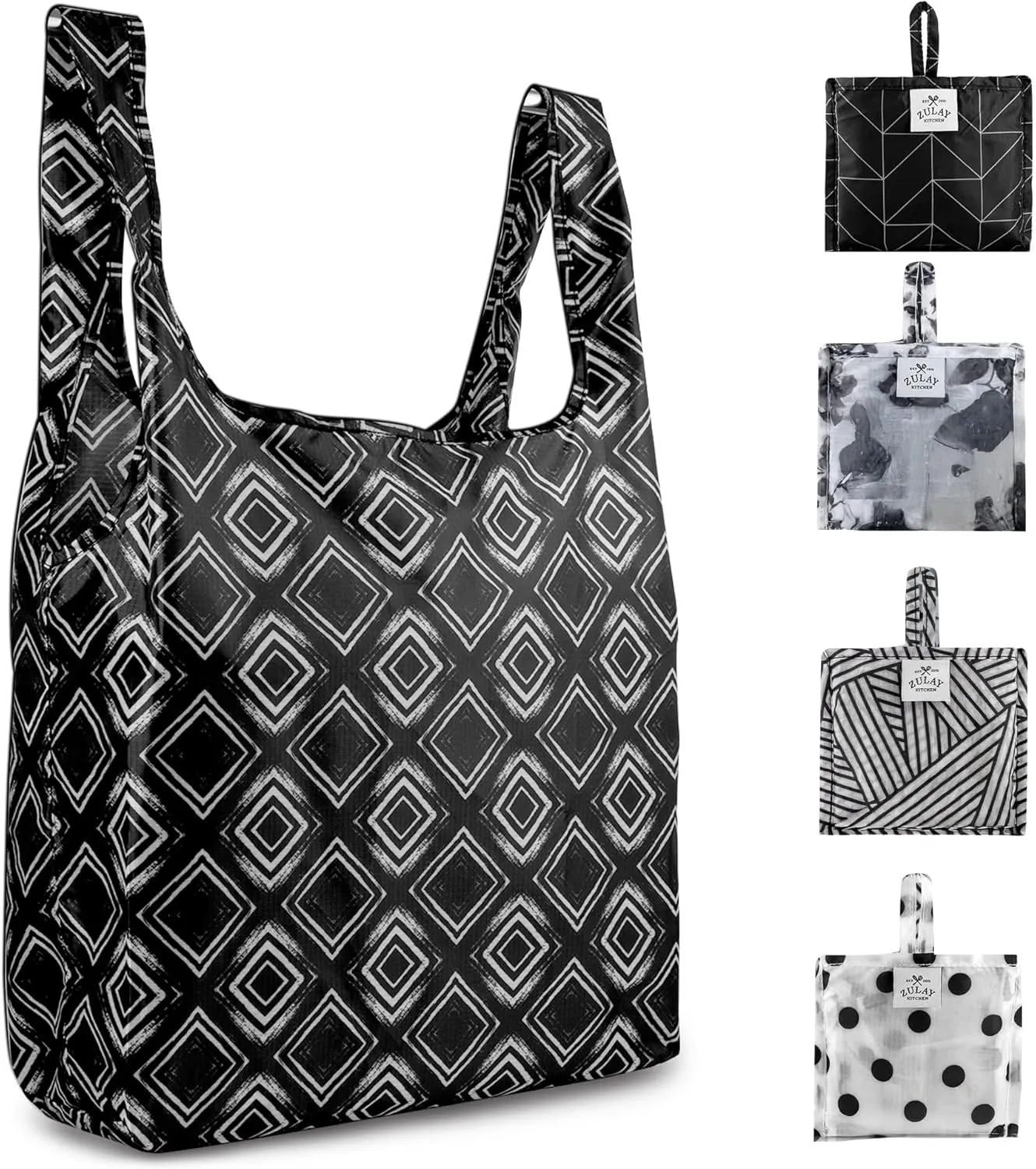 Zulay Kitchen 5 Pack 50 Pound Reusable Grocery Bags - Large Foldable Reusable Bags With Handles and Drawstring Bag - Durable Machine Washable Reusable Shopping Bags Foldable (Black & White Pattern)