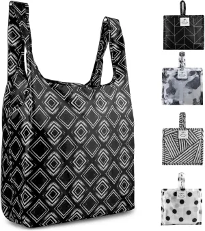 Zulay Kitchen 5 Pack 50 Pound Reusable Grocery Bags - Large Foldable Reusable Bags With Handles and Drawstring Bag - Durable Machine Washable Reusable Shopping Bags Foldable (Black & White Pattern)