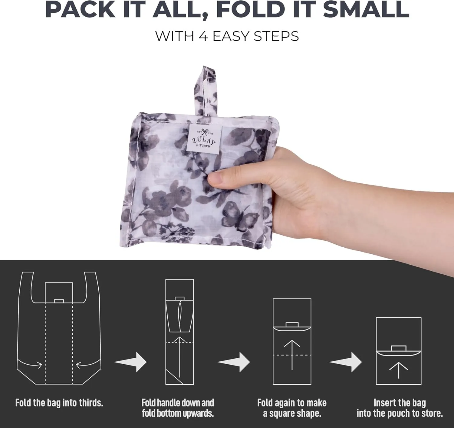 Zulay Kitchen 5 Pack 50 Pound Reusable Grocery Bags - Large Foldable Reusable Bags With Handles and Drawstring Bag - Durable Machine Washable Reusable Shopping Bags Foldable (Black & White Pattern)